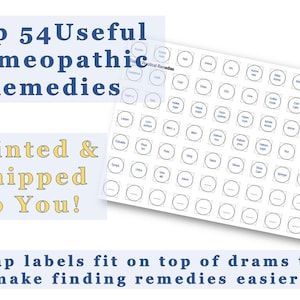 May include: A sheet of white paper with 54 blank, round labels printed on it. The labels are arranged in a grid pattern. The text "Top 54 Useful Homeopathic Remedies" is printed at the top of the sheet. The text "Printed & Shipped to You!" is printed below the grid of labels. The text "Cap labels fit on top of drams to make finding remedies easier." is printed at the bottom of the sheet.