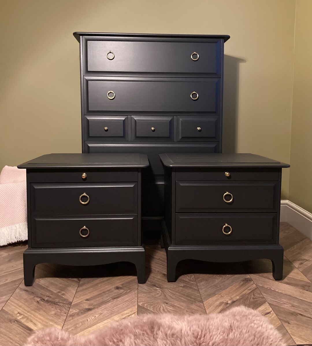 Vintage Stag Minstrel Tallboy Chest of Drawers & Pair of Matching