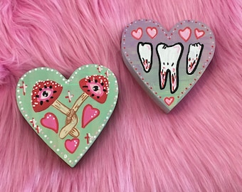 Weirdcore Surreal Mushroom Tooth Wooden Heart Wall Plaque