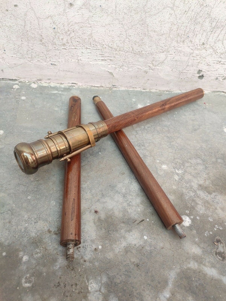 Wooden Walking Stick Cane, Brass Telescope Compass Handle on Top ...