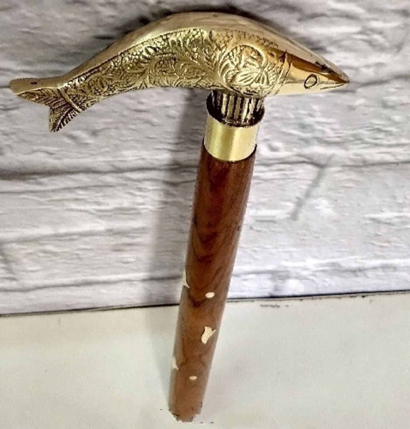 Walking Sticks Rare Fish Brass Handle Wooden Walking Cane | Etsy