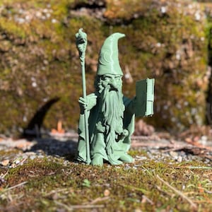 Puede incluir: Una figura verde salvia de un mago, sosteniendo un bastón y un libro. El mago tiene una larga barba y lleva un sombrero puntiagudo. La figura está sobre musgo y hierba.