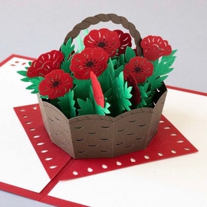 Carte pop-up Panier aux coquelicots | carte 3D pour anniversaire | Carte pour maman | Carte de fête des mères | Carte florale pour elle | carte d'anniversaire pour petite amie