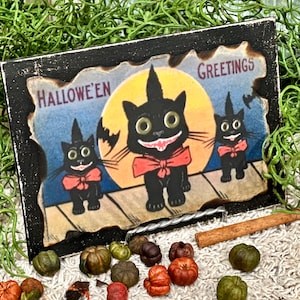Halloween Greetings,Vintage Halloween Decor,Black Cat Halloween,Rustic Halloween,Primitive Halloween, Folk Art Halloween