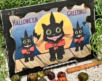 Halloween Greetings,Vintage Halloween Decor,Black Cat Halloween,Rustic Halloween,Primitive Halloween, Folk Art Halloween