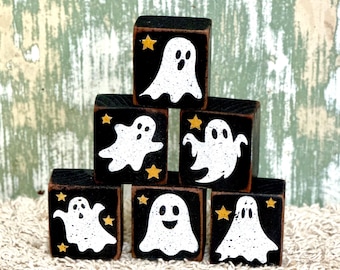 Rustic Ghost,Halloween Ghost set of 6,HalloweenTiered Tray,Ghost Tiered Tray,Farmhouse Ghost ,Rustic Halloween,Primitive Ghost,Ghost Blocks.