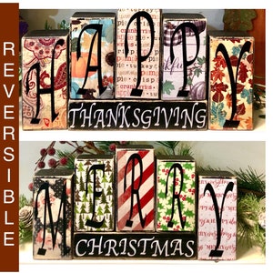 Happy Thanksgiving-Merry Christmas REVERSIBLE Block Set,Thanksgiving Block Set,Christmas Block Set,Tiered Tray Decor,Farmhouse Christmas