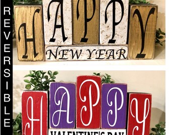 Happy New Year-Happy Valentine's Day REVERSIBLE Block,Happy New Year Block Set,Happy Valentine's Day Block Set,Tiered Tray,Farmhouse Decor