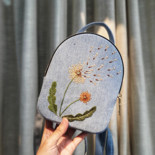 Recycled jeans mini Backpack | Dandelion hand embroidered purse for women | Unique for gift idea| Handmade | Eco-Friendly