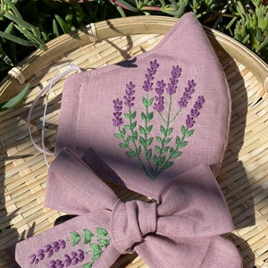 Lavender flower Face Mask and Bow Hair Tie |Embroidery | Linen Face Mask| 4 layers with Filter pocket |Adult and kid size.