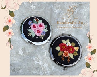 Florals hand Embroidery Black cover Mirror| linen cover mirror | Vintage Hand Mirror | Make up Mirror | Gift for Women|  Gift for Mom