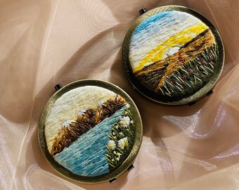 Embroidered cover Mirror | Vintage Landscape Embroidered Hand Mirror | Make up Mirror | Gift for mom, Women, teen| Compact Mirror