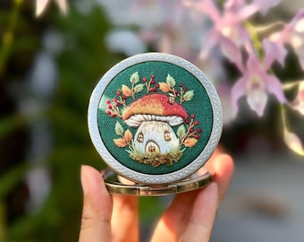 Hand Embroidered Mushroom Compact Mirror | Cottagecore Pocket Mirror | Vintage Bronze Makeup Mirror | Handmade Gift for Her
