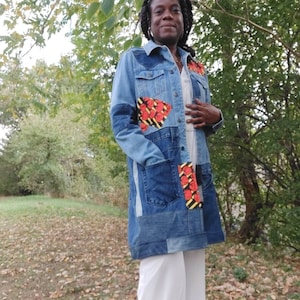 Coat in recycled jeans, colored wax scraps, OVERZIZE cut, original handmade creation, Size M/L.