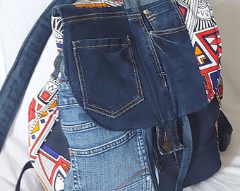 Backpack made from recycled jeans with African wax, unique, original handmade creation