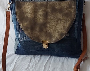 Women's recycled denim shoulder bag, recycled gold tablecloth, satchel buckle