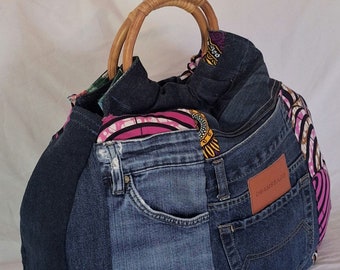 Tote bag made from recycled jeans, pink wax fabric, wooden handles (rattan)