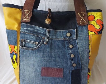 sac cabas femme en jeans recyclés, tissu wax et similicuir jaune colorés, anses cuir-jeans