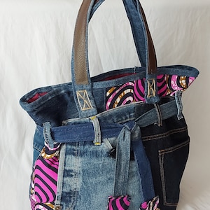 Einkaufstasche aus recyceltem Jeansstoff, rosa Wachs, Griffe aus Jeansleder