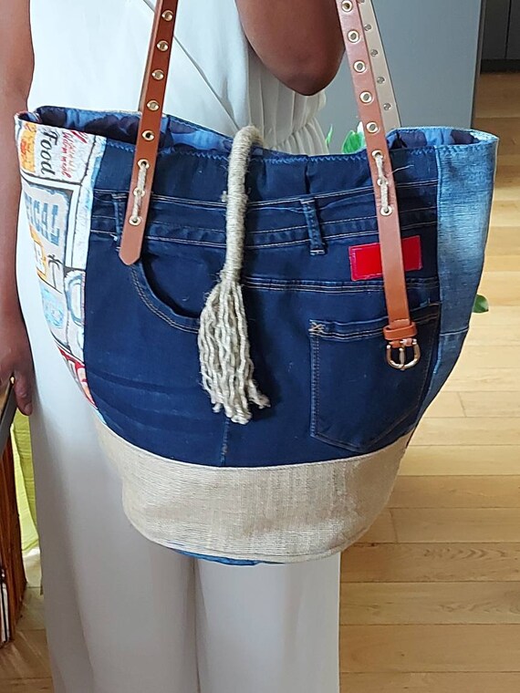 Sac Cabas Patchwork Décreations - Toile Jean Recyclé, Zèbre, Pois, étoiles Argentées - Anses Cuir, Neuf Avec étiquettes