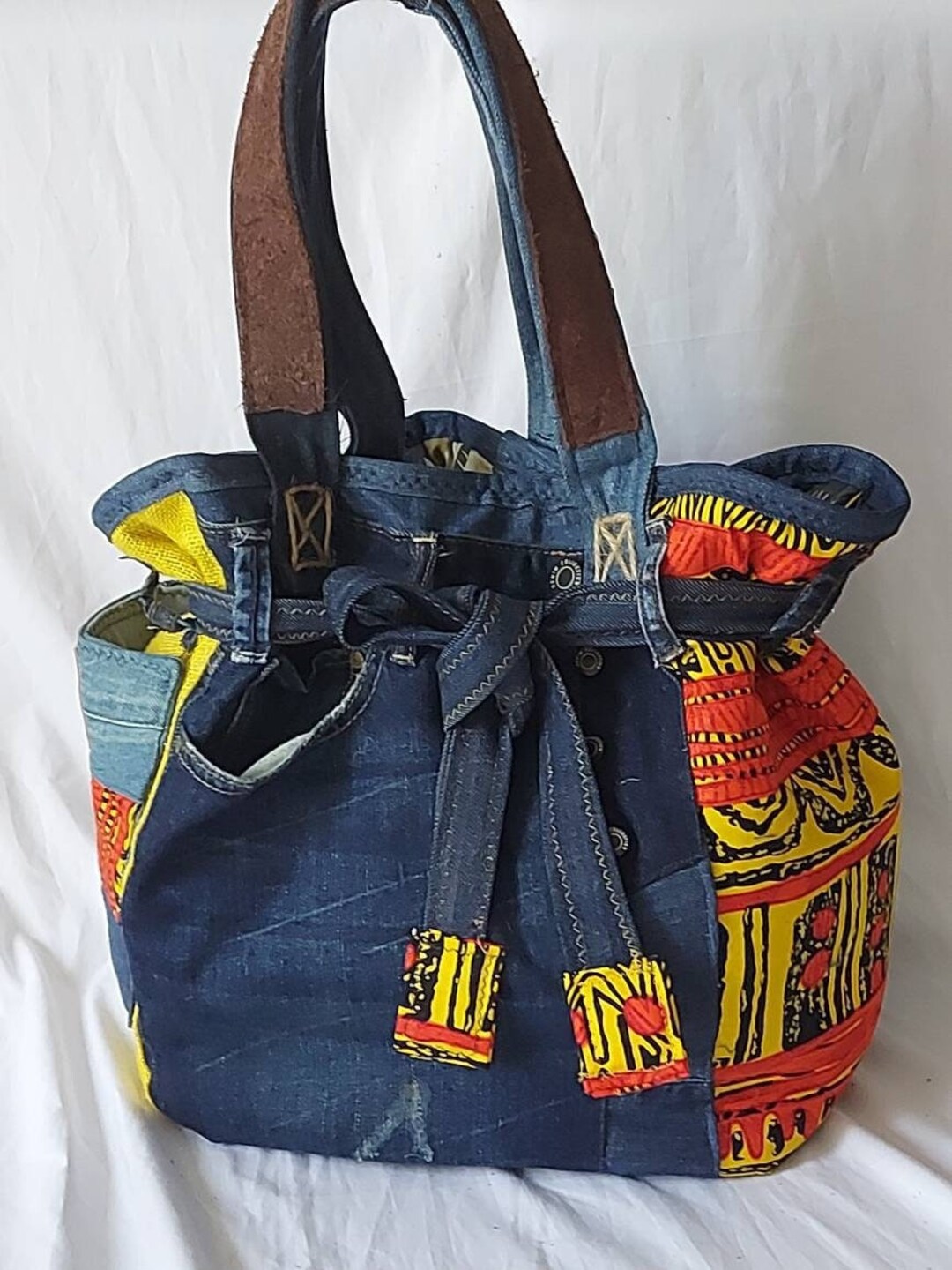 Sac Cabas Patchwork Upcyclé En Jean Recyclé, Wax Rose, Cuir Croco Bleu - Marque Decreations