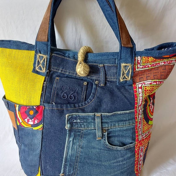 sac cabas femme jean recyclé, wax africain coloré et jute jaune, cordelette en jute tissée main