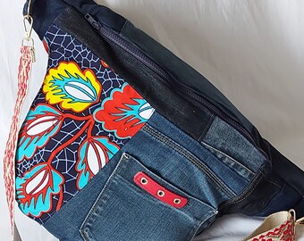 XL fanny pack made from recycled jeans with added floral wax print