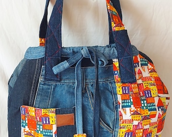 Tote bag made from recycled jeans and orange canvas, rounded shape, large weekend bag, large denim bag for the office, school.