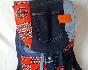 Backpack made from recycled denim with red wax print, a unique and original handcrafted piece