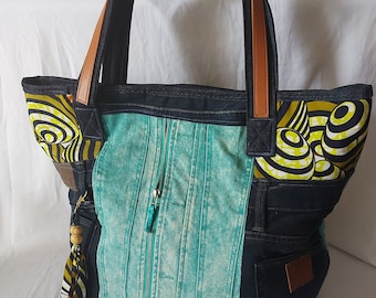Tote bag made from recycled jeans and green wax, large weekend bag, large jeans bag for everyday use
