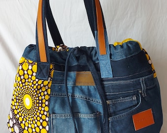 Tote bag made from recycled denim and yellow colored wax, large weekend bag, large denim bag for the office, school.