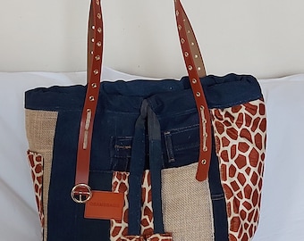Women's Tote Bag in Blue Denim, Jute Canvas and Leopard Plush