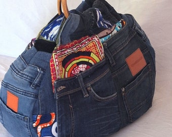 Women's tote bag made from recycled jeans, wax scraps, wooden handles (rattan)