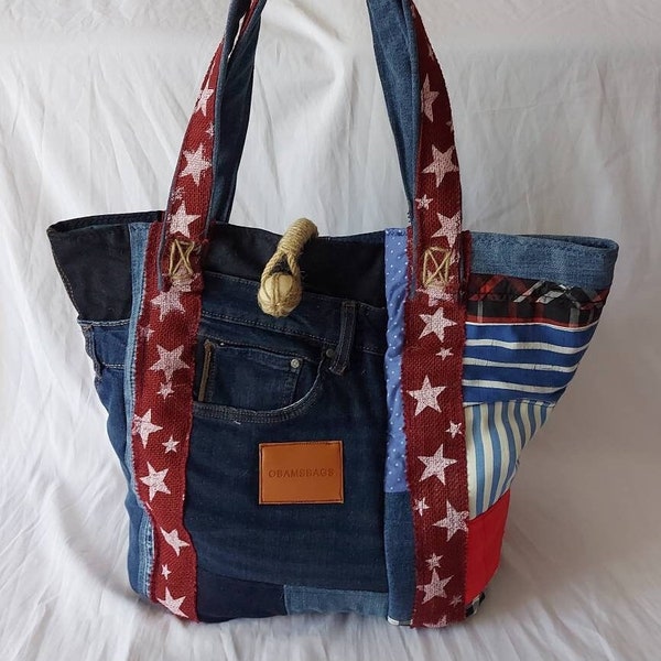 sac cabas fait main en jeans recyclés, patchwork à carreaux, rayures et étoilé,  cordelette en jute tissée main