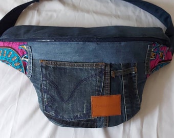 Poche abdominale, grand sac  ventre en jeans recyclés, wax africain coloré