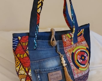 Tote bag made from recycled denim, patchwork of colorful wax print fabric for women who love recycling
