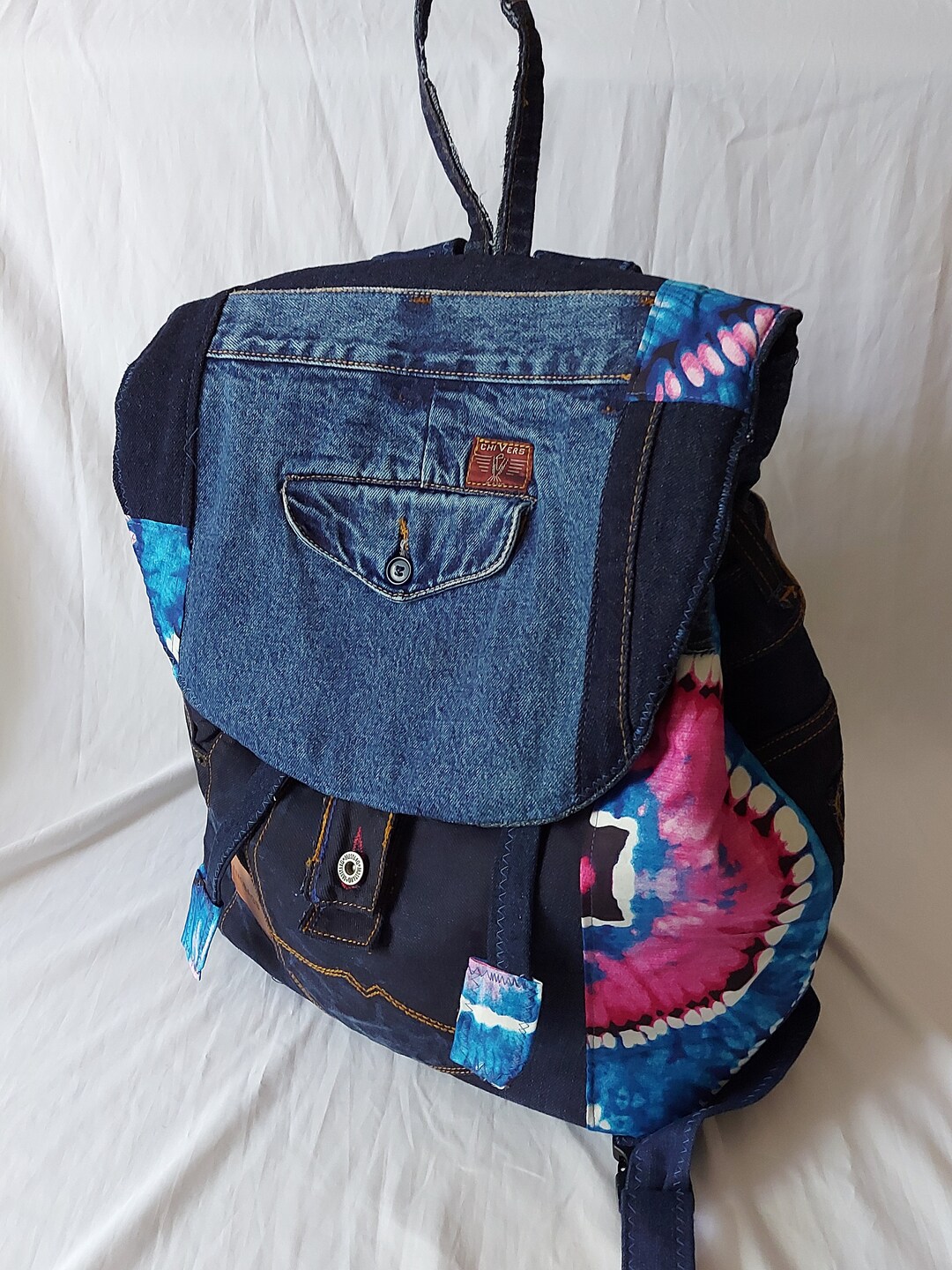 Handmade Recycled Denim Backpack, Blue Red African Wax, Custom