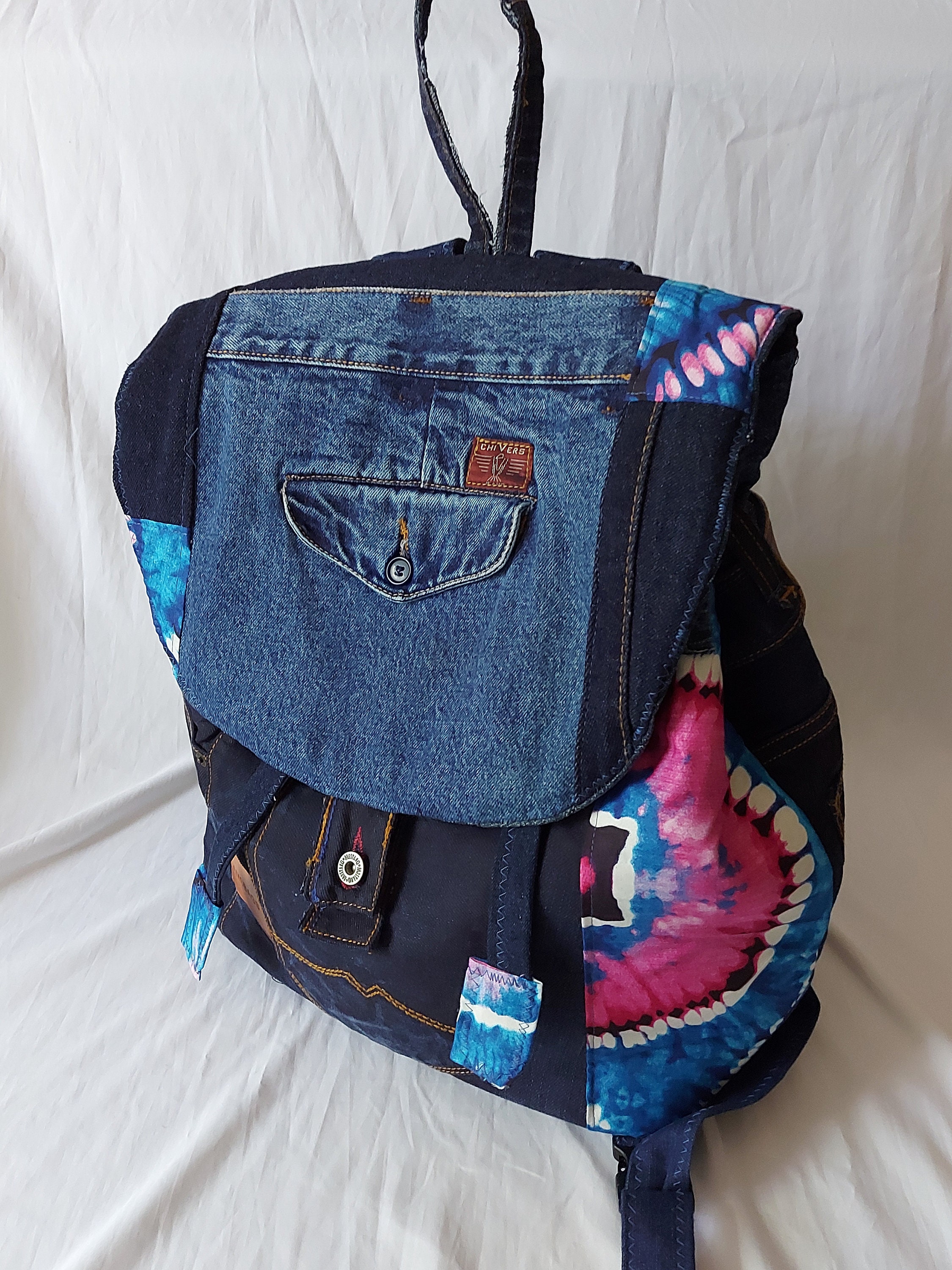 Handmade Recycled Denim Backpack, Blue Red African Wax, Custom