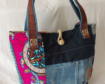 sac à main denim jean recyclé, wax africain rose et jute, cordelette en jute tissée main