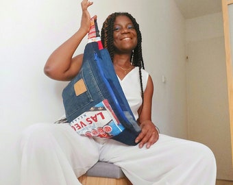 Abdominal bag made from recycled jeans with added fancy colored fabric
