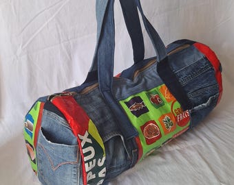 Patchwork sports bag made from recycled jeans, denim and shopping bag.
