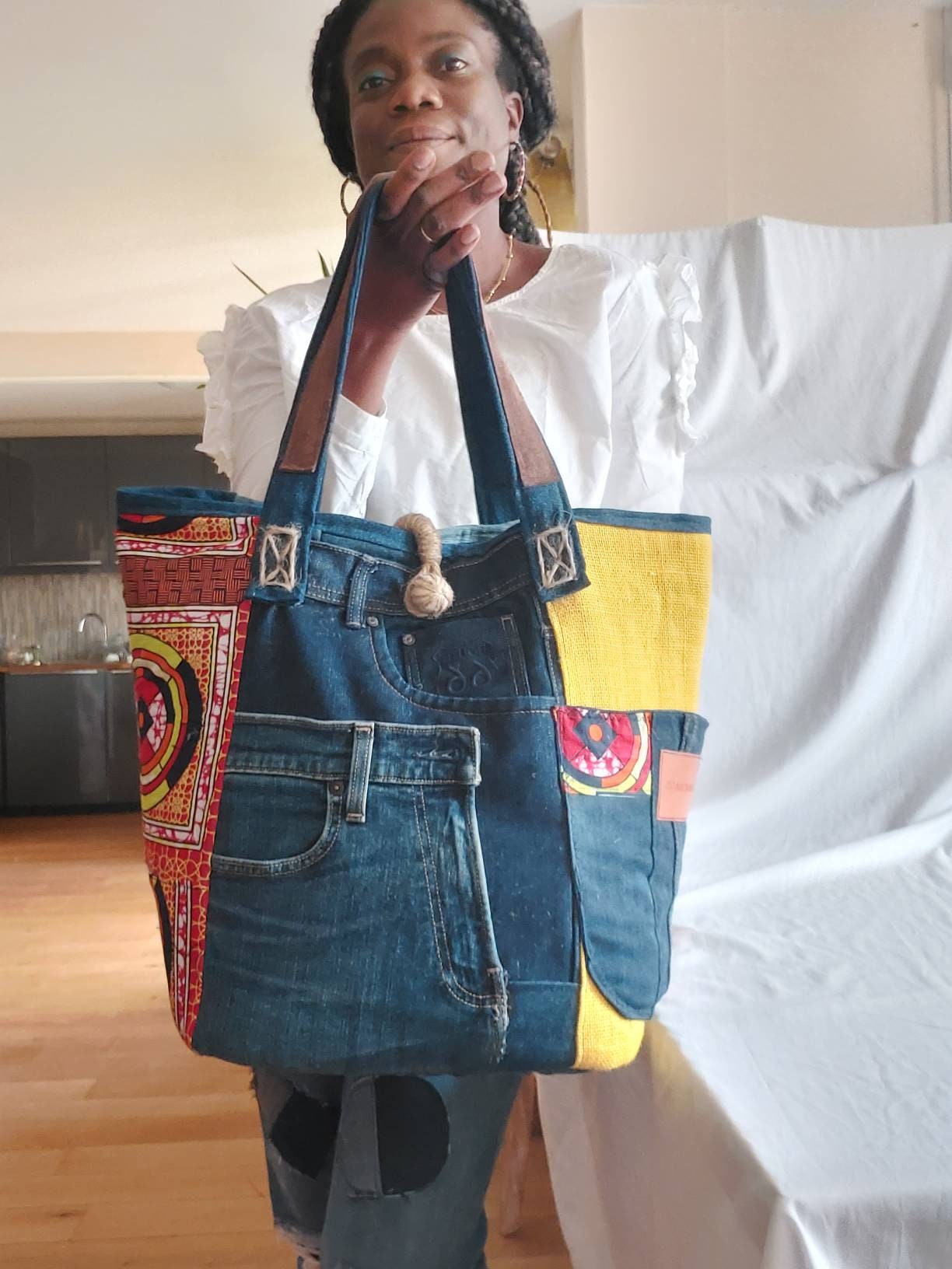 Laugh style BIG totebag／jute×denim Laugh BIG shoulder／Quality