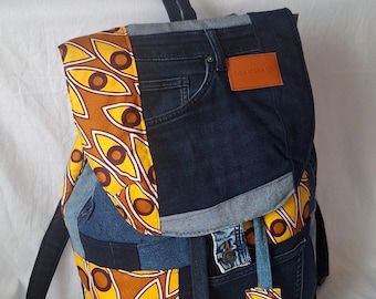 Backpack made from recycled denim with yellow wax print, a unique and original handcrafted piece