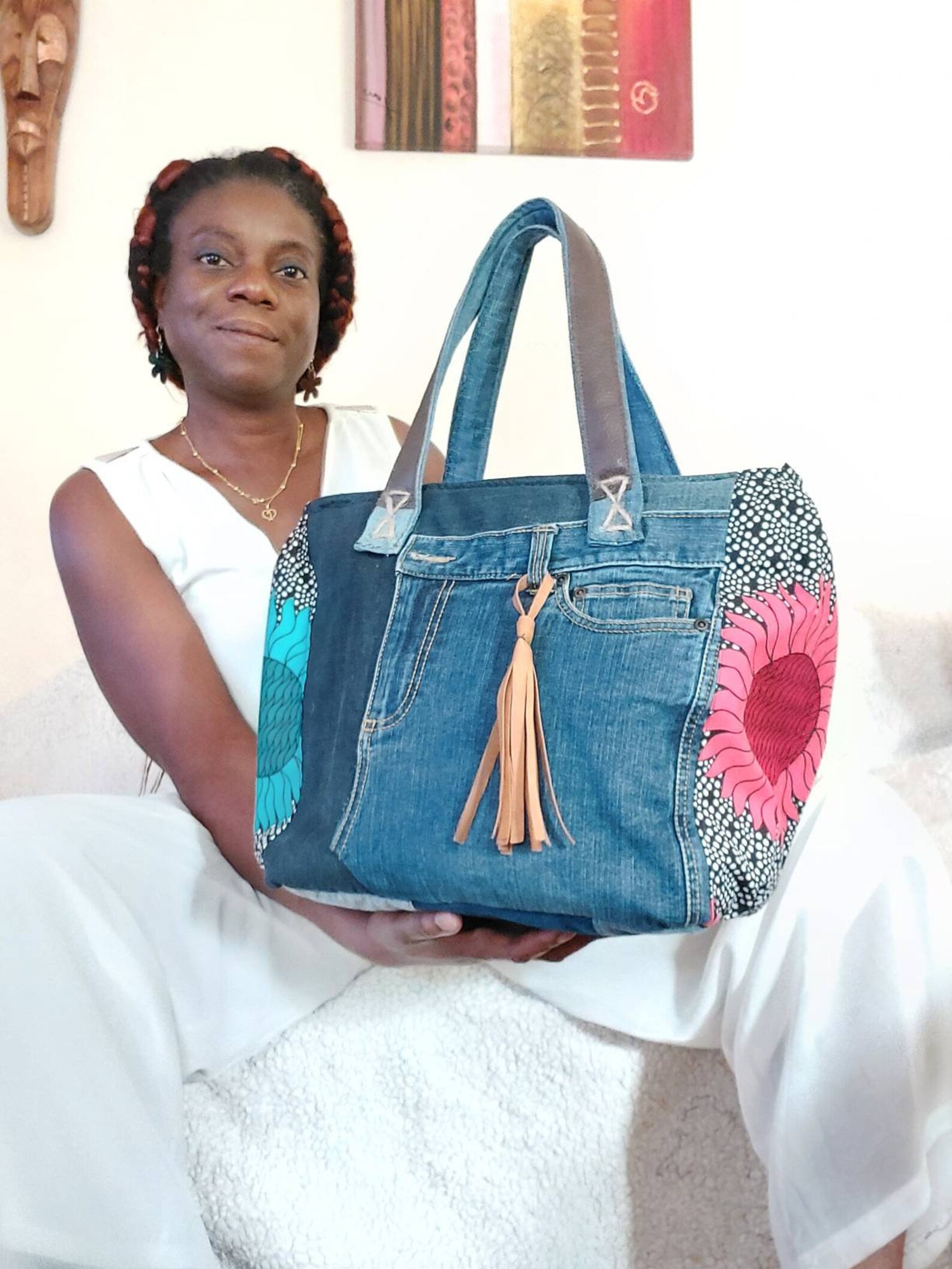 Sac à Main Patchwork Zéro Déchet En Jean Recyclé - Fait Main, Dimensions 37x36x8 Cm