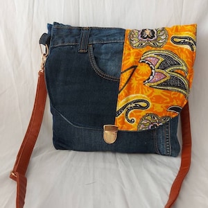 sac en bandoulière en jeans recyclé wax africain orange, fermeture cartable