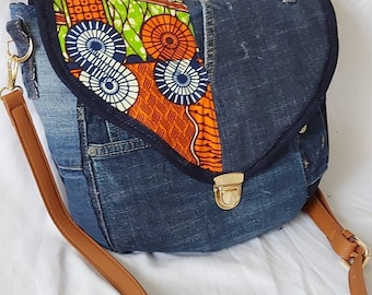 shoulder bag in recycled orange wax jeans, satchel closure