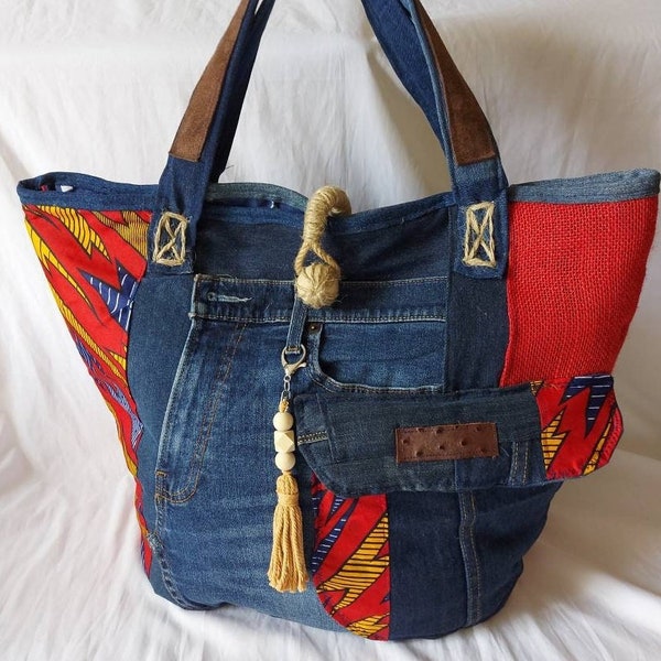 sac cabas en jeans recyclés, chute wax et jute rouge, anses cuir-jeans, cordelette jute tissée main