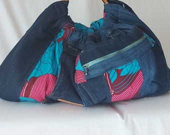 Original bag made from recycled jeans, blue-pink wax fabric, wooden handles (rattan)