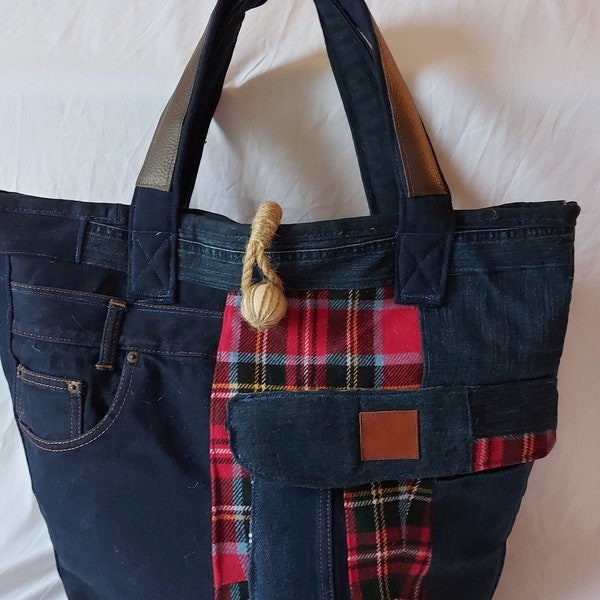 Création sac cabas avec jeans recyclés, tissu à carreaux Ecossais  et jute, cordelette en jute tissée main