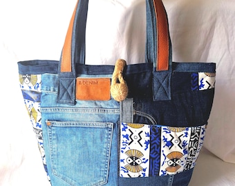 Eco-friendly tote bag made from recycled denim and ethnic wax print – Handmade – Unique piece